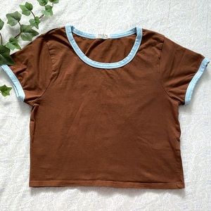 Chocolate brown (juniors) crop top w/ baby blue trim, cotton jersey